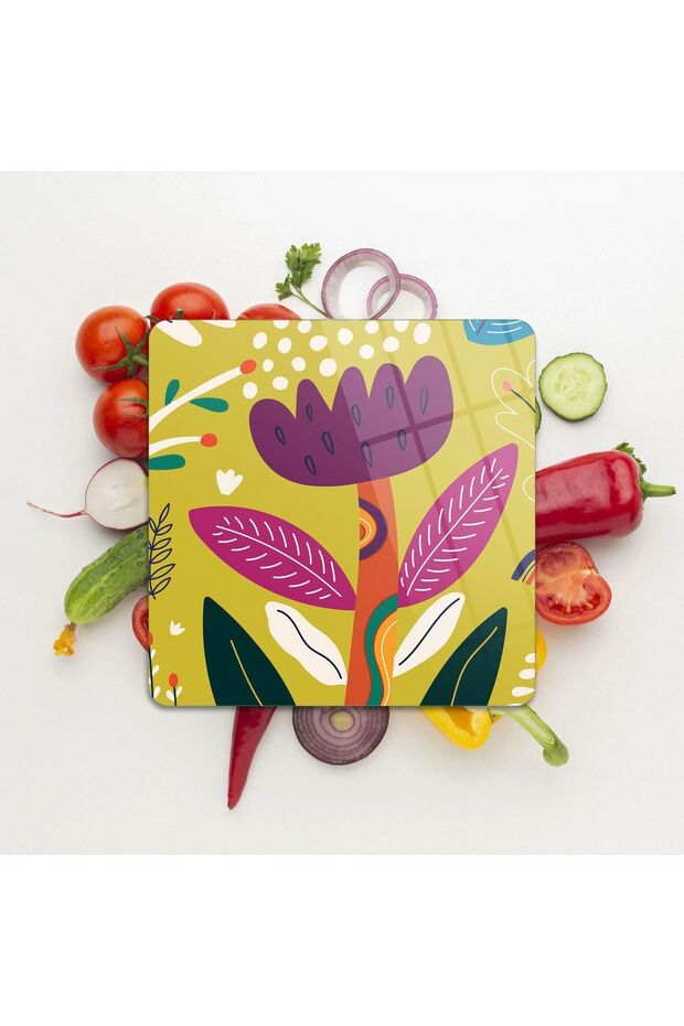 Square Glass Cutting Board with Colorful Floral Print , 30 x 30 cm