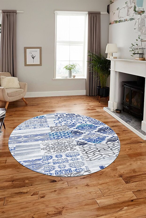 سجادة غرفة المعيشة المستديرة المزخرفة غير القابلة للانزلاق - Y-PATCHWORK-02-BLUE