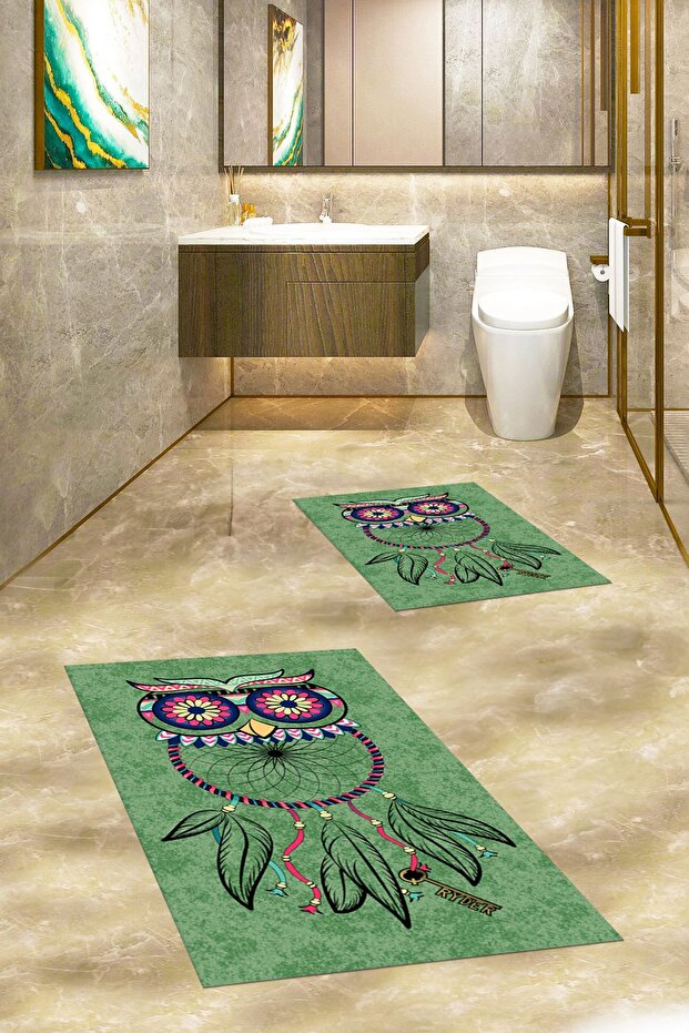 Digital Printed Washable Non-Slip Owl Patterned Double Bathroom Carpet Mat Toilet Set - 6