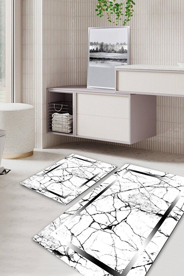 Marble Patterned Non-Slip Base Washable Set of 2 Bathroom Carpet Mat Toilet Seat Set Kt-kzsd-582