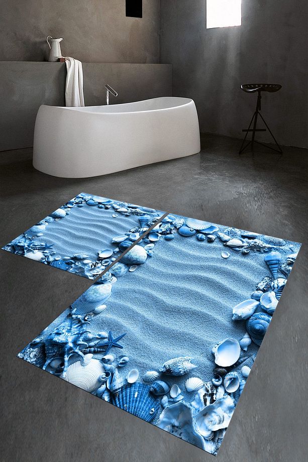 3D Dijital Baskılı Kaymaz Taban Yıkanabilir İkili Banyo Takımı Klozet Takımı, N-KLOZET-47-MAVİ, - 2