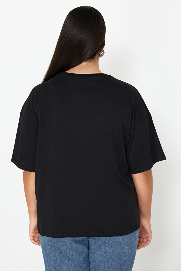 Siyah Kalp Aksesuar Detaylı Oversize/Bol Kesim %100 Pamuk Örme T-shirt TBBSS24BF00008 - 6
