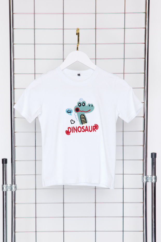 Beyaz Erkek Çocuk %100 Pamuk Dinozor Desenli Regular Kalıp Kısa Kol Örme T-Shirt TKDSS24TS00030 - 2