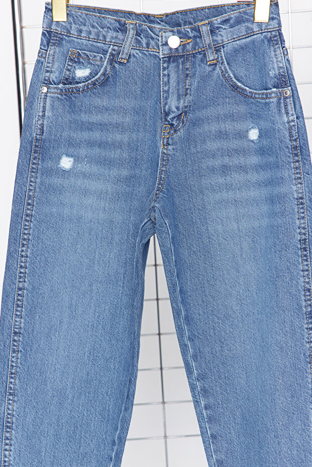 Koyu Mavi Erkek Çocuk Baggy Pamuklu Ayarlanabilir Lastikli Denim Pantolon Jean TKDSS24PL00005 - 12