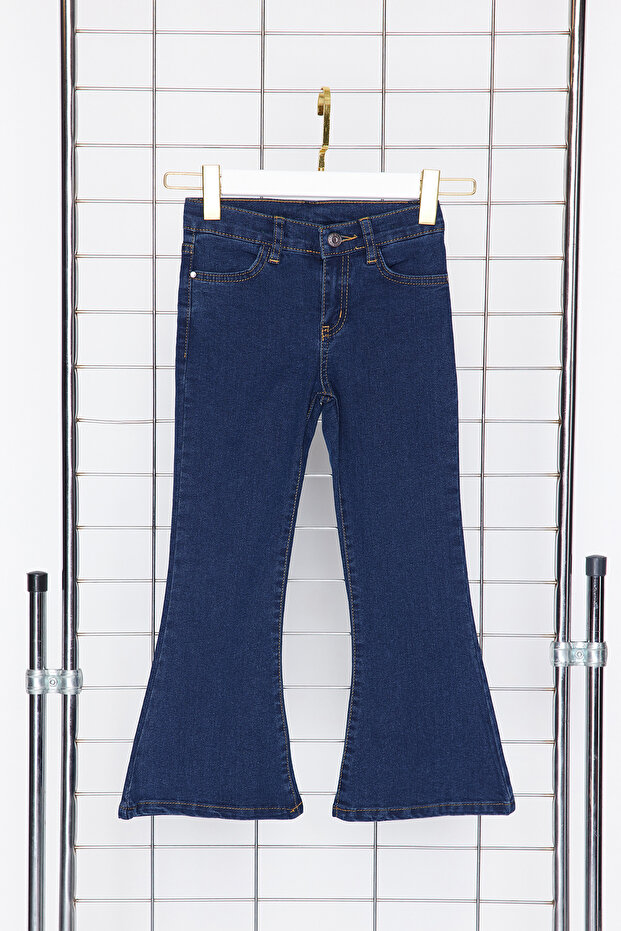 Koyu Mavi Kız Çocuk Geniş Paça/Flare Esnek Lastikli Denim Pantolon Jean TKDSS24PL00011 - 6