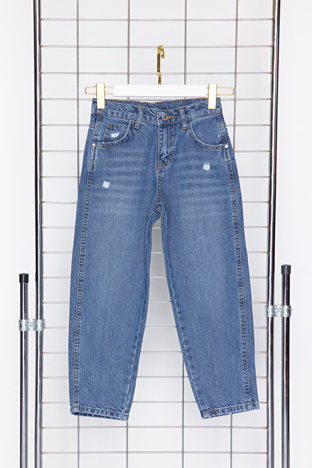 Koyu Mavi Erkek Çocuk Baggy Pamuklu Ayarlanabilir Lastikli Denim Pantolon Jean TKDSS24PL00005 - 11