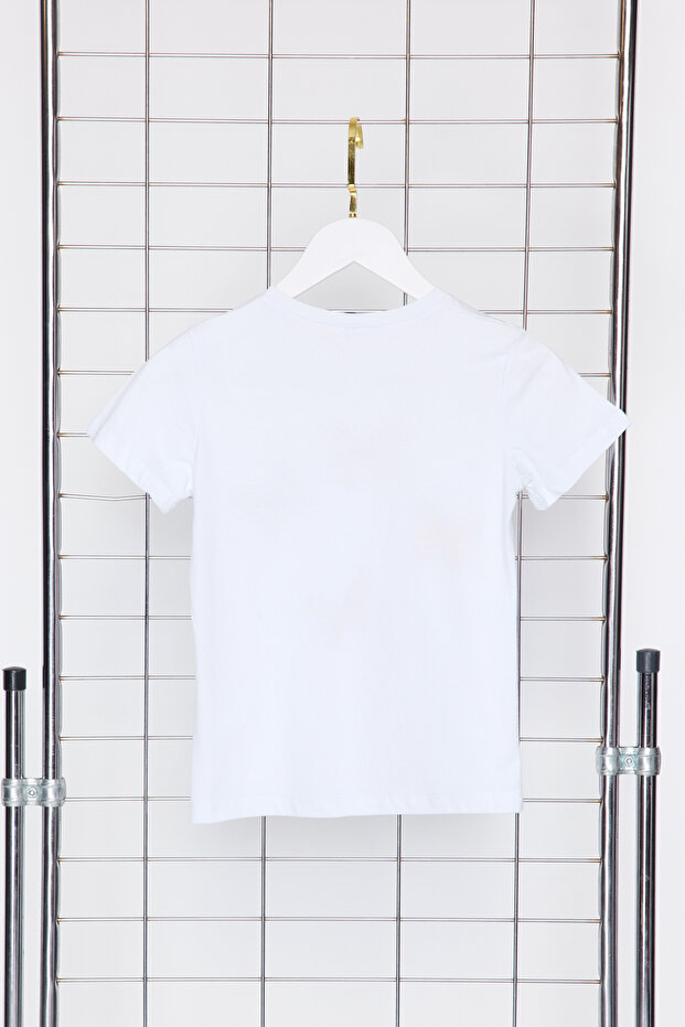 Beyaz Kız Çocuk %100 Pamuk Kelebek Desenli Regular/Normal Kalıp Kısa Kol Örme T-Shirt TKDSS24TS00041 - 8
