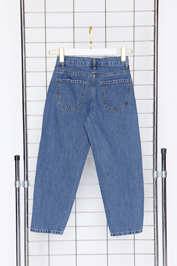 Koyu Mavi Erkek Çocuk Baggy Pamuklu Ayarlanabilir Lastikli Denim Pantolon Jean TKDSS24PL00005 - 13