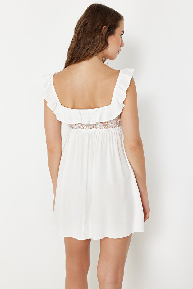 Bride/Bridal Beyaz Dantelli Fırfır Detaylı Kalın Askılı Viskon Dokuma Gecelik THMSS24GC00024 - 6