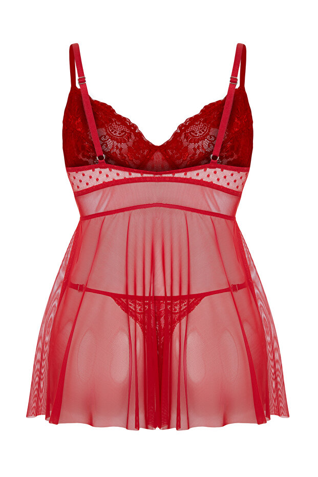 Kırmızı Yüksek Bel Dantelli Balenli Ayarlanabilir Babydoll&Tanga Takım TBBSS24DH00001 - 7