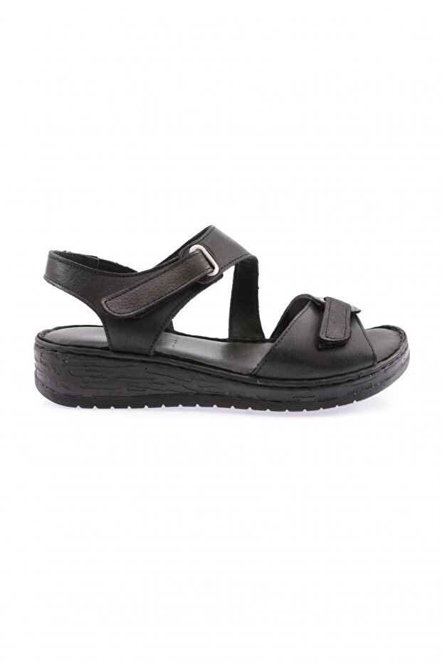 Black Genuine Leather Women's Sandals - Velcro, Model 183244