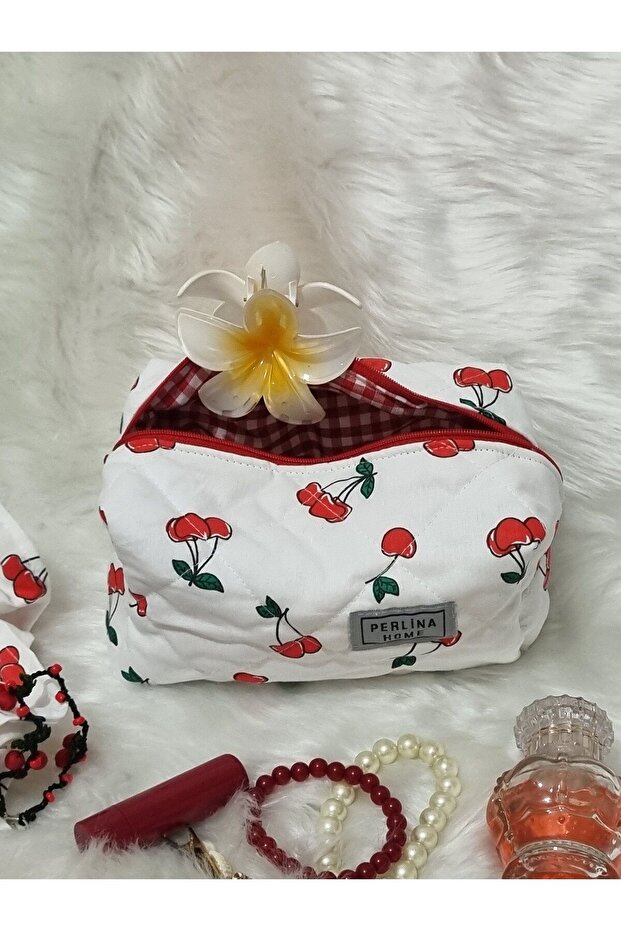Makeup Bag Quilted Fabric Cherry Red _ Large Size