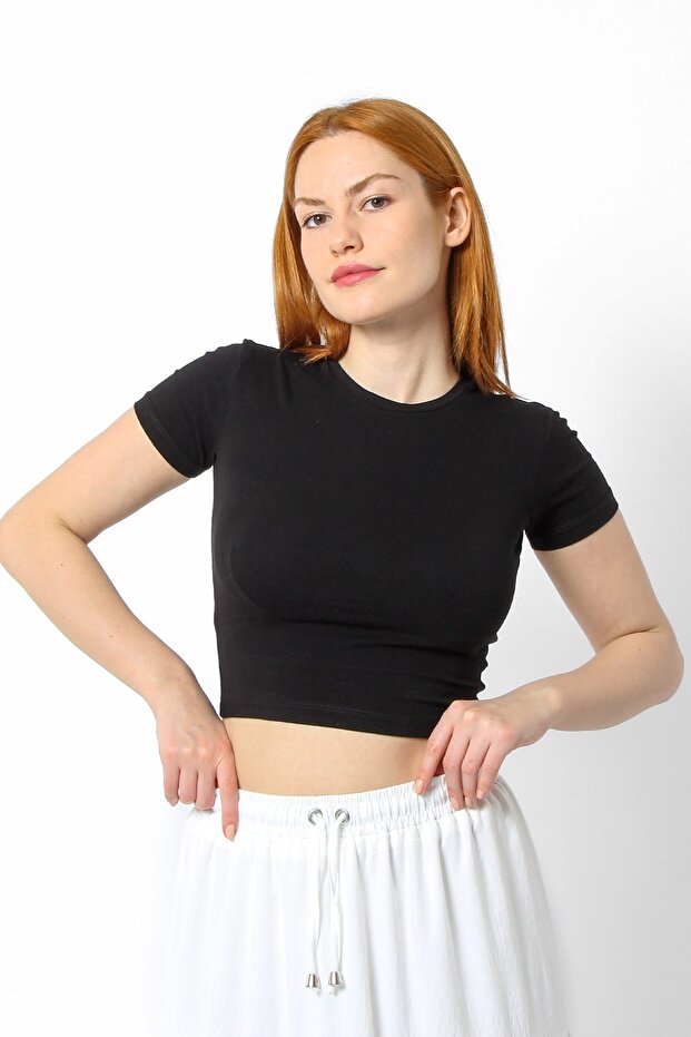 Basic Siyah Kadın Crop Tshirt - 2