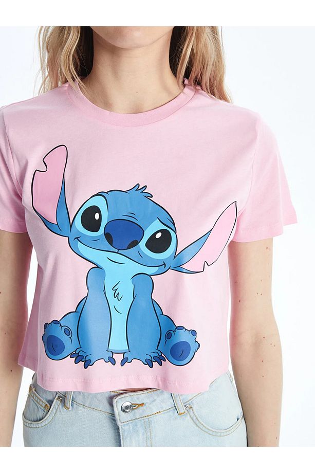 XSIDE Bisiklet Yaka Lilo & Stitch Baskılı Kısa Kollu Kadın Crop İMREX GLOBAL - 4