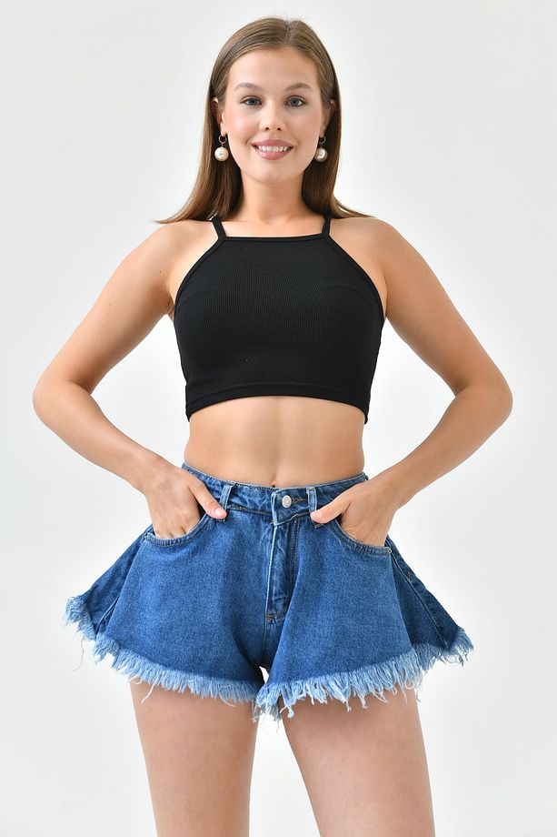 Paça Ucu Detaylı Yüksek Bel Likrasız Volanlı Kalıp Koyu Mavi Kot Şort Denim Şort 70366 - 4