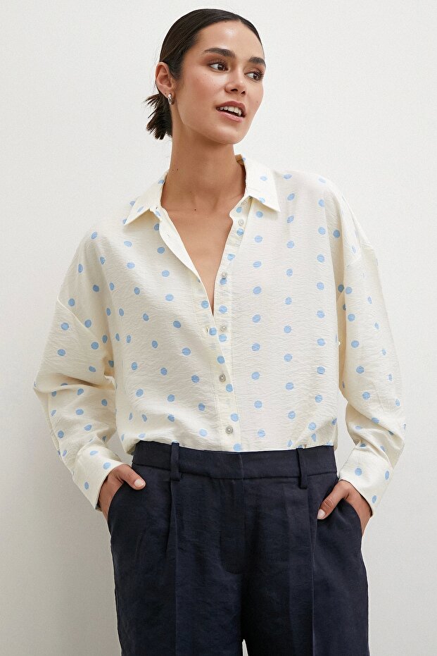 Puantiyeli Oversize Gömlek Ekru - 5
