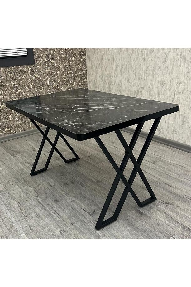 Mutfak Masası 6 kişilik Masa Siyah Mermer Görünümlü Masa x ayak - 3