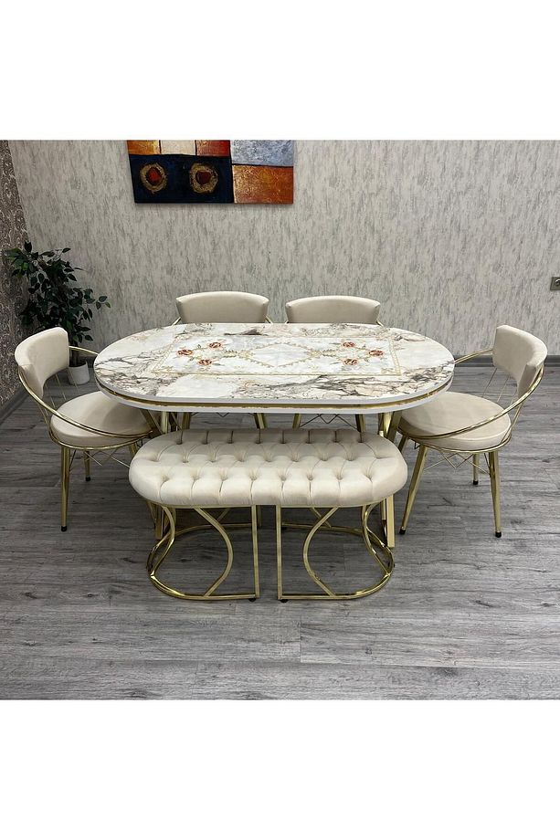 Mutfak Masa Sandalye Takımı Selenit 80-140 Oval Gold 6 Kişilik Benchli Mutfak Masası Takımı - 5