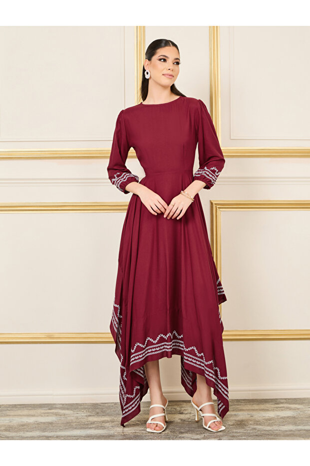 Embroidered Handkerchief Hem A-Line Midi Dress