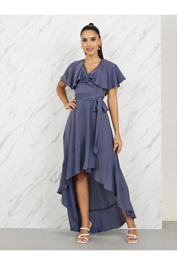 Ruffle Cape Sleeves Asymmetric Hem Wrap Maxi Dress