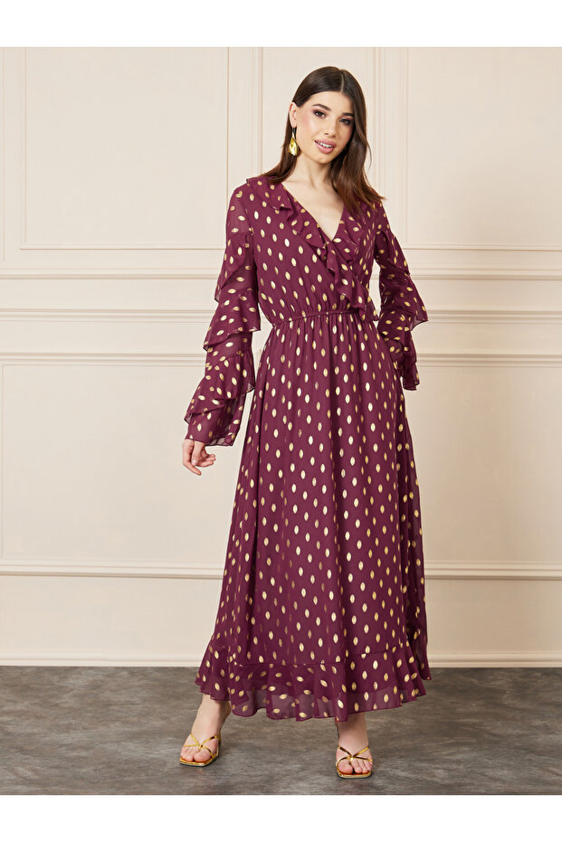 Foil Print Ruffle Detail Layer Sleeves A-Line Maxi Dress