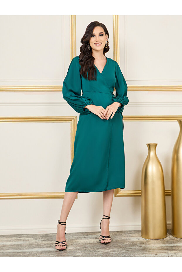 Satin Slit Sleeves V Neck Wrap Midi Dress