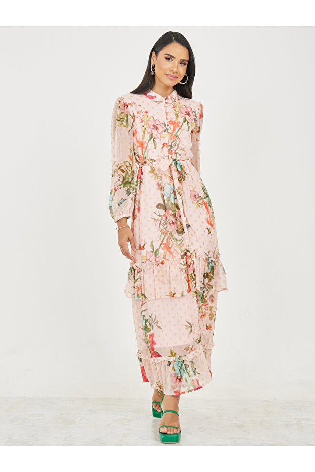 Floral Print Button Loop Closure Tiered Maxi Dress with Self Tie Up