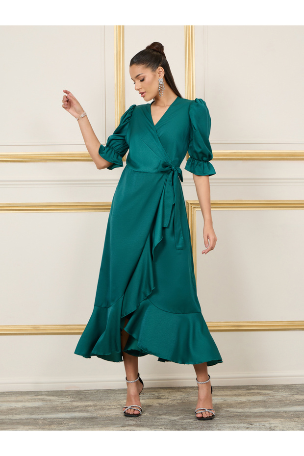 Satin Asymmetric Hem Wrap Maxi Dress