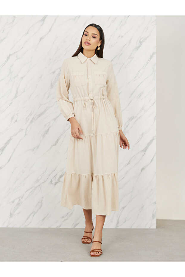 Pocket Detail Collared Tiered Maxi Dress