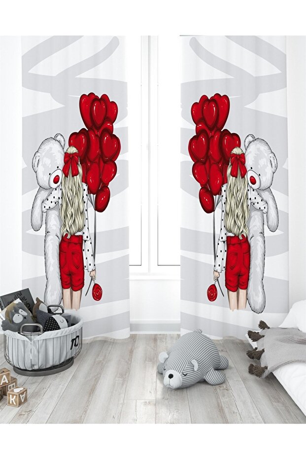 Girl Patterned Children's Room Curtain with Red Balloons and Teddy Bear (Single Wing Pricing)