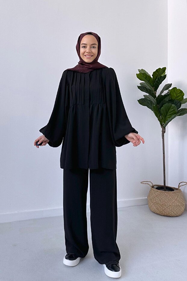 Balloon Sleeve Pleated Set - Black
