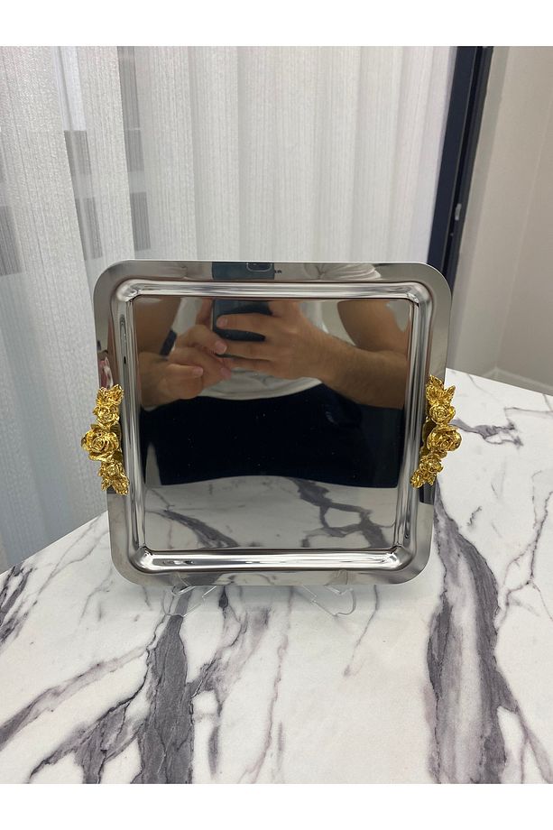 Lüx Kare 1 adet  kalın Kulplu Gümüş Kaplama  Model çay,kahve,ikram servis Sunum Tepsisi 21x21 - 2
