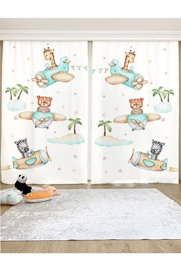Airplane Safari Patterned Children's & Baby's Room Background Curtain (SINGLE WING PRICE)