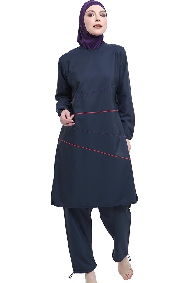 Women's Anthracite Embroidered Hijab Swimsuit with Hidden Zipper