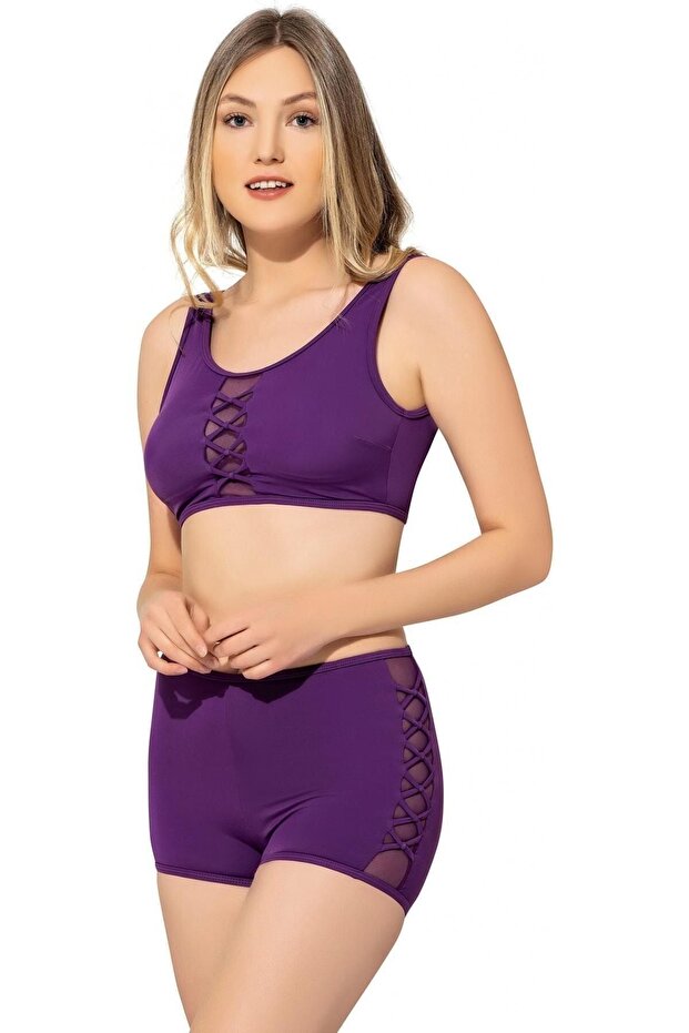 Tulle Detailed Bikini with Shorts 5034 Purple