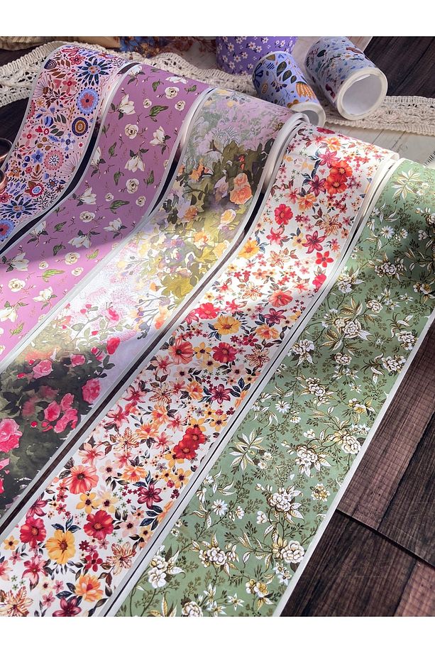 2 Metre Pembe Zemin ve Çiçekler Desenli Washi Bant / Washitape / Bullet Journal / Scrapbook / - 5