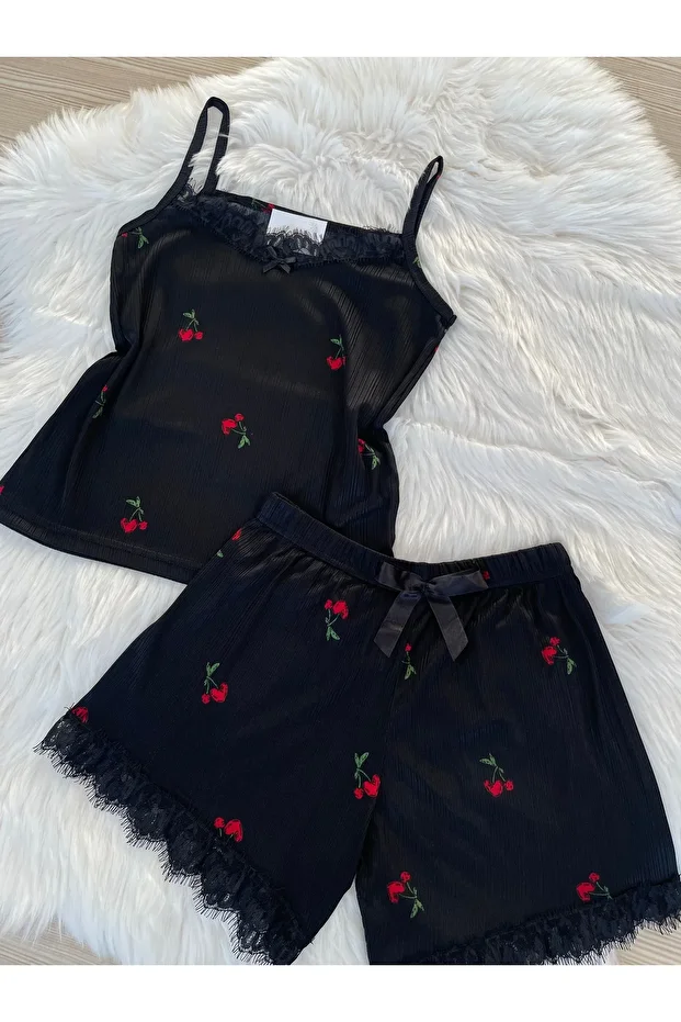 Siyah Kiraz Desenli Şortlu Pegasus Pijama Takımı - 6