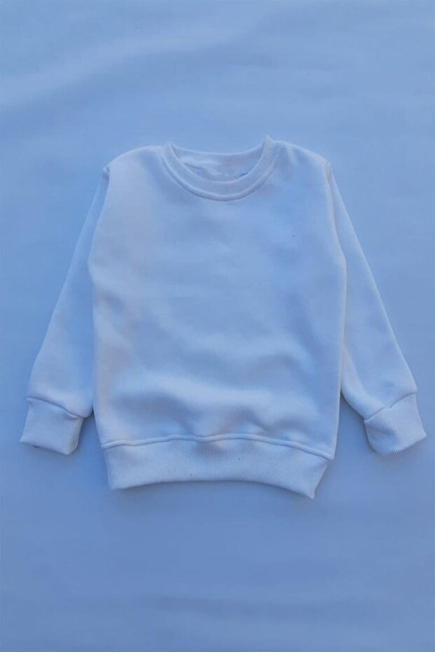 Unisex Children's White Basic Knitted Thick Sweatshirt with Fleece Inside