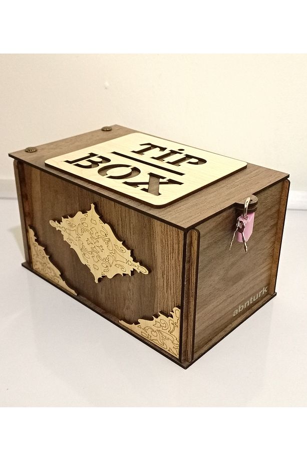 Tip Box Eskitme Tarz Ahşap Oyma Nakış işlemeli 21cm BüyükBoy Bahşiş Kutusu Çift Anahtar Asma Kilitli - 1