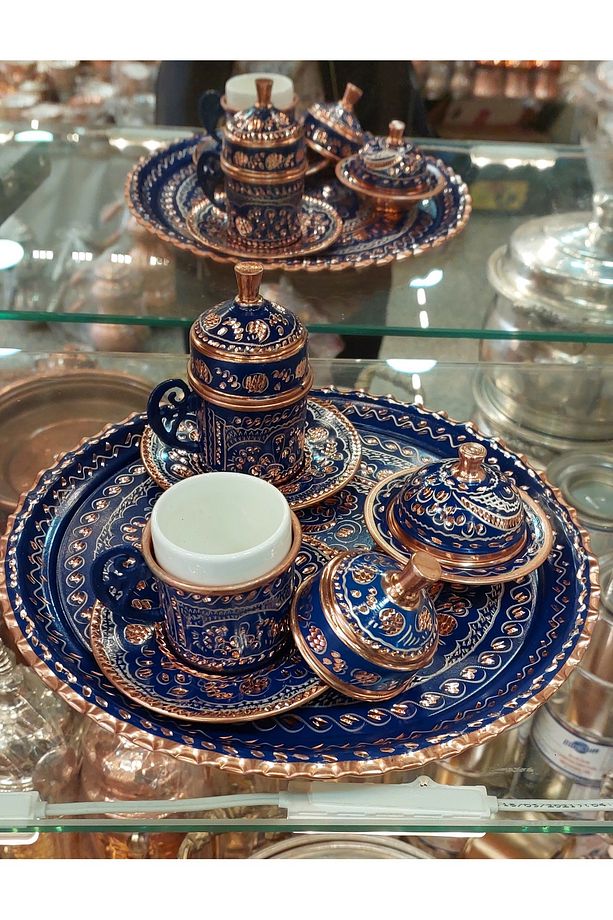 Bakır Fincan Takımı 2 Kişilik Fincan Takımı Bakır Osmanlı Desenli Türk Kahvesi Bakır Kahve Takımı - 1