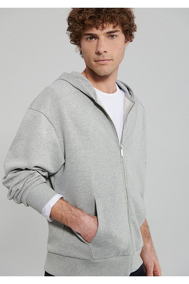 Kapüşonlu Fermuarlı Gri Basic Sweatshirt 0S10095-80196 - 2