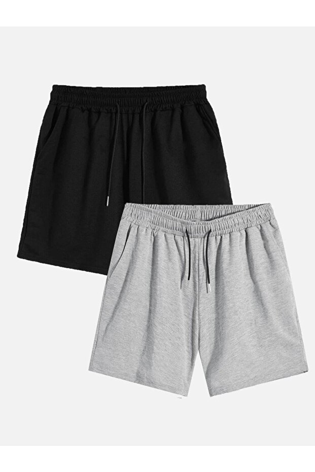 Unisex Black-Grey 2-Piece Basic Oversize Comfortable Fit Combed Cotton Shorts