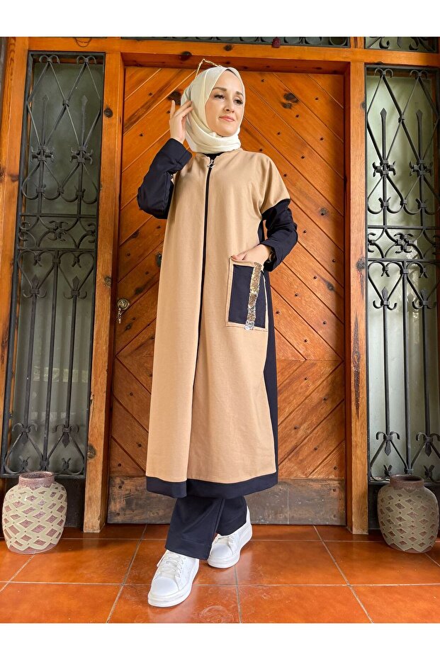 , daily stylish navy blue hijab tracksuit with zipper and special design pockets
