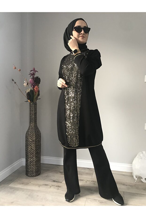Black Tracksuit Set with Gold Detail