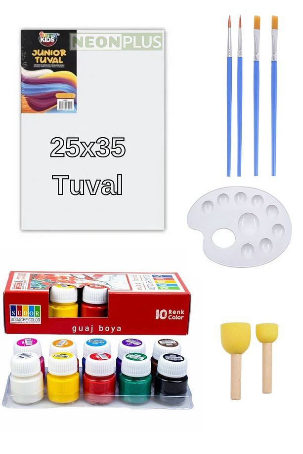 Guaj Boya 10x20ml, 25x35 Tuval 4 Adet Fırça, Boyama Seti - 1