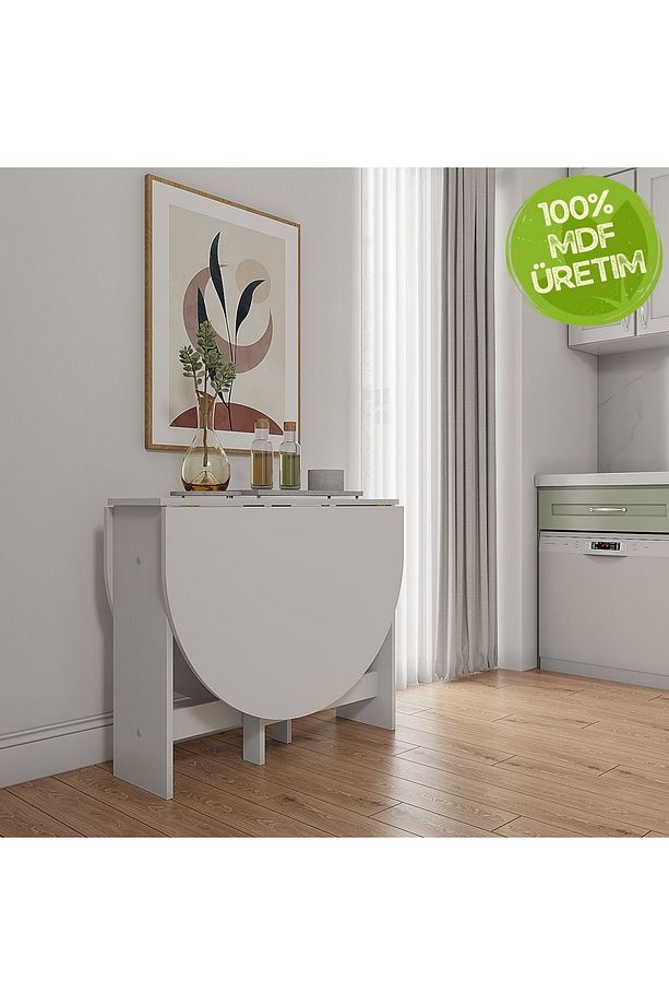 Pratik Katlanır - Açılır Kapanır Yuvarlak Mutfak Yemek Çalışma Masası - 145 cm x 90 cm - %100 MDF - 1