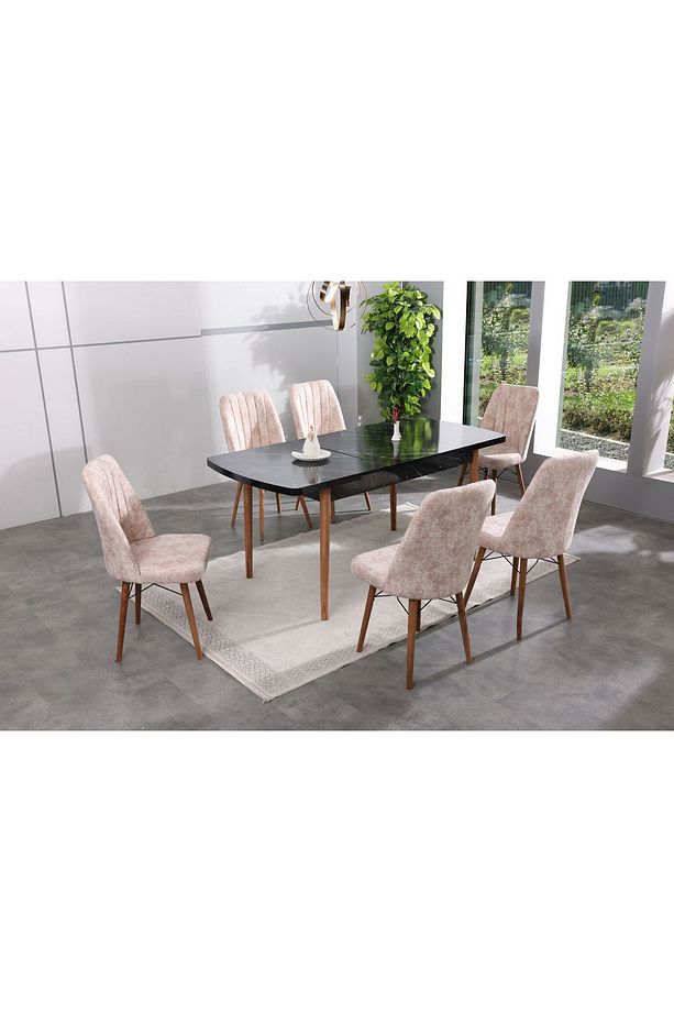 6 Kişilik Açılır Mermer Desen Masa Sandalye Takımı Mutfak Masası , Salon ve Yemek Masası Takımı - 1