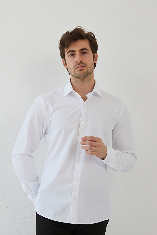 Slim Fit Long Sleeve Easy Iron Moisture-Wicking Breathable Fabric Tie Collar Four Seasons White Men's Shirt