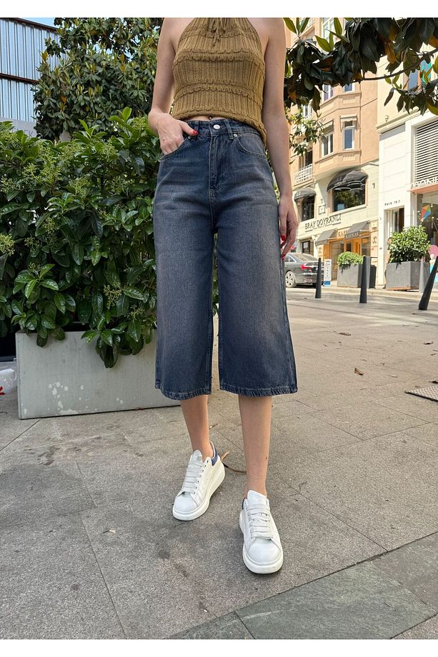 Lacivert Yıkamalı Y2K Baggy Kot Şort - 2