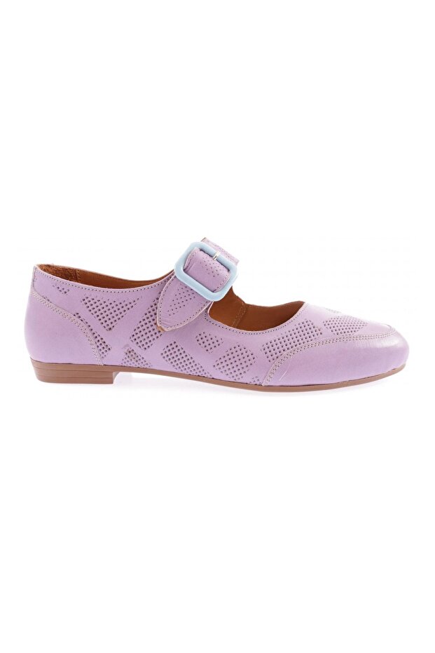 Lilac Printed Genuine Leather Women's Zenne Ballerinas - Ankle Belt 21432110